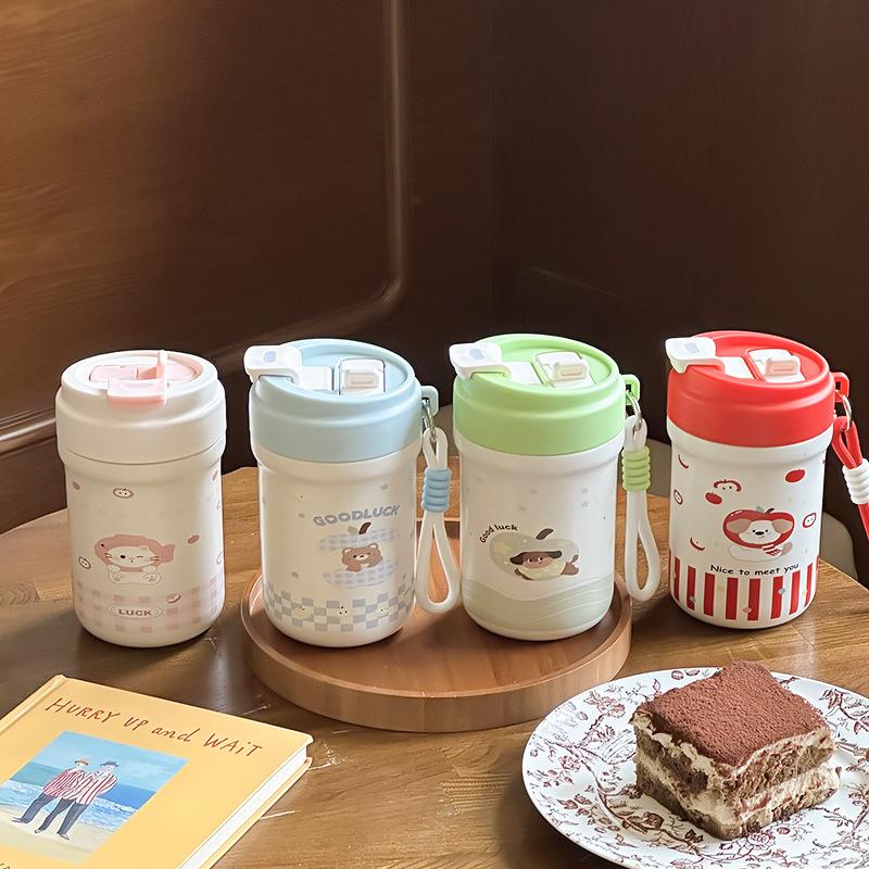 Cute Double Drink Thermos Water Bottle For Girls Straw Tumbler Cup 316 Stainless Steel Hot and Cold Coffee Thermal Mug 500/600ML