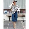 Women Striped Crew Neck Fake Two Piece Loose Long Sleeve Casual Sweatshirt