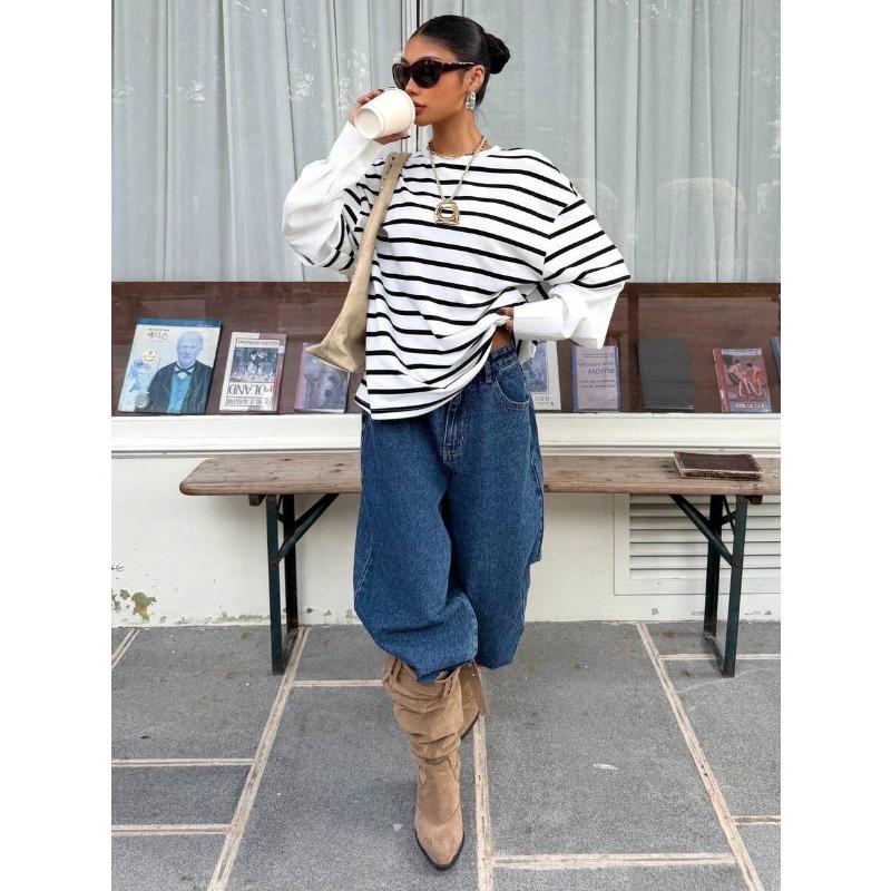 Women Striped Crew Neck Fake Two Piece Loose Long Sleeve Casual Sweatshirt