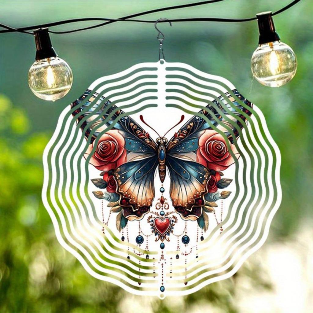 Rose und Schmetterling Metall Windspiel Außengartendekor mit 3D Dynamischer Kunst 360° Drehhaken Windbetrieben für Terrasse Hof oder Feiertagsdekoration