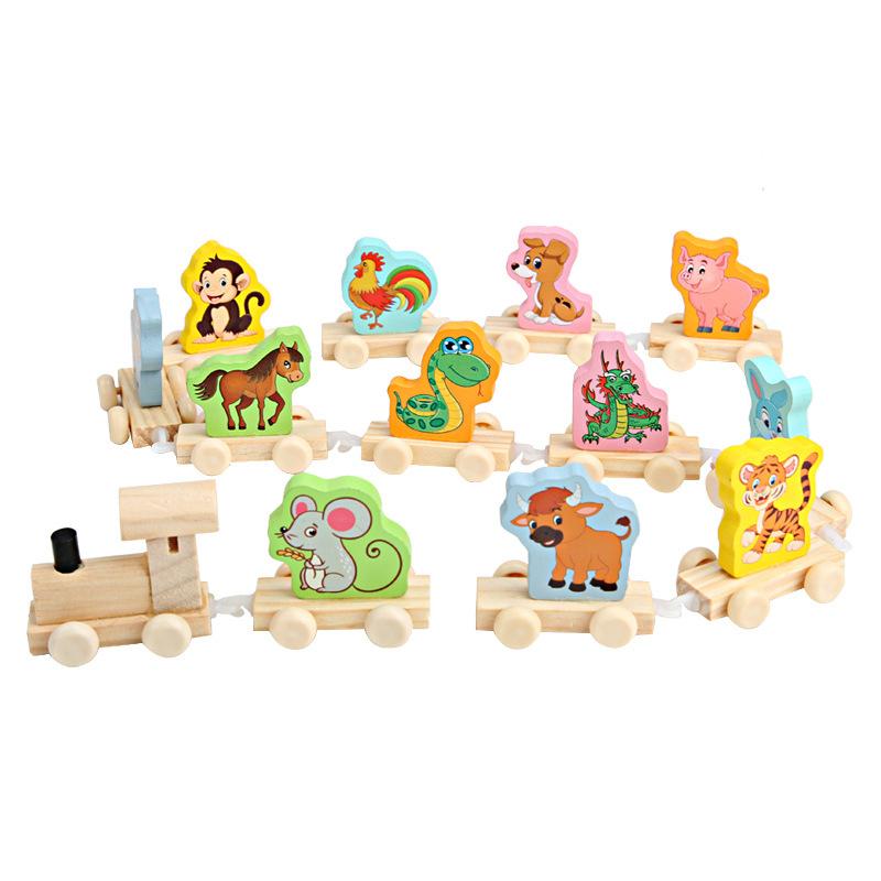 Children's Wooden Train with Numbers and Chinese Zodiac Signs