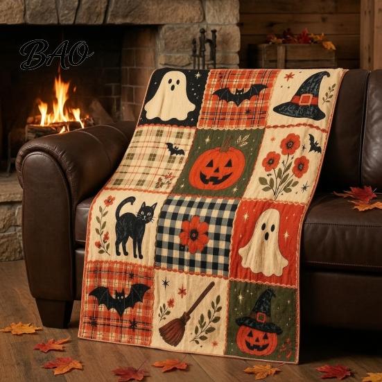 Vintage Stil Herbst Geburtstagsgeschenk Halloween Patchwork Überwurfdecke, 90er Jahre Karomuster Wandteppich mit Geist Kürbis Fledermaus, Gemütlich Rustikal Bauernhaus Herbst