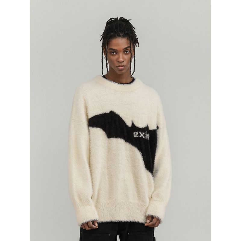 Black of Exit National Trend Lazy Style Geometric Pattern Jacquard Round Neck Sweater Mohair Knitwear for Men and Women