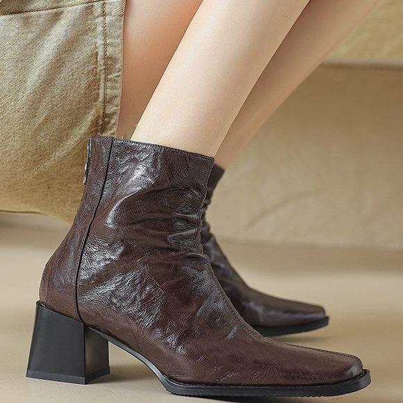 High Heel Coarse Heel Short Boots Women's Spring and Autumn Single Boots Retro Brown Rear Zipper Square Head