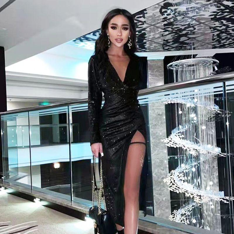 Banquet V-neck Slim-Fit Long Sleeve Dress Evening Dress