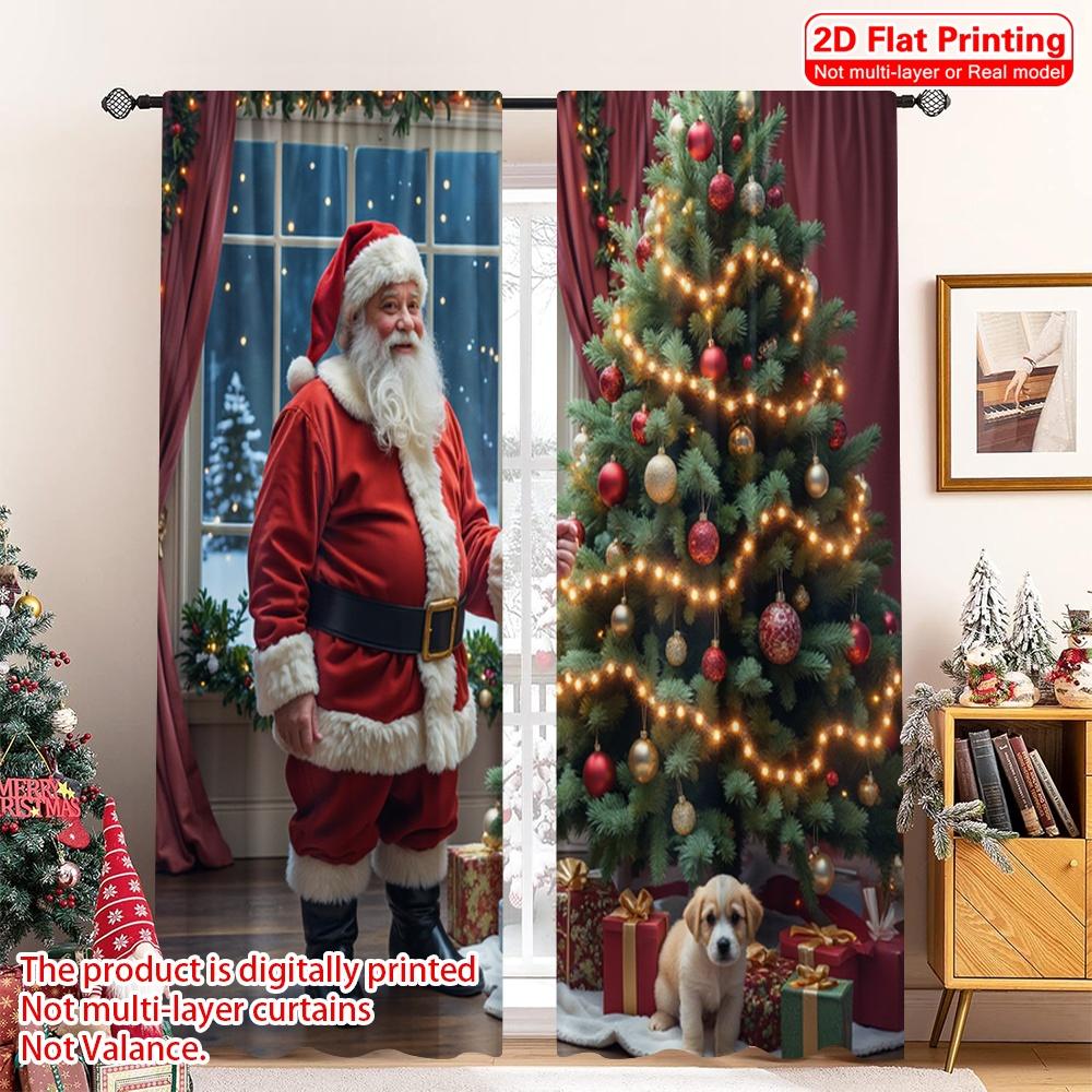 2pcs 2D Flat Printing Merry Christmas Window Drapes Santa Claus Christmas Snow Dog Polyester Without Electricity Birthday Party