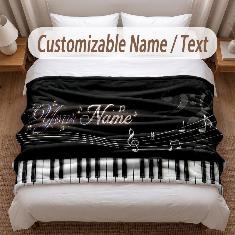 Music Piano Theme Soft Blanket Personalized Custom Name Text Print Warm Blanket Home Sofa Bedroom Decor
