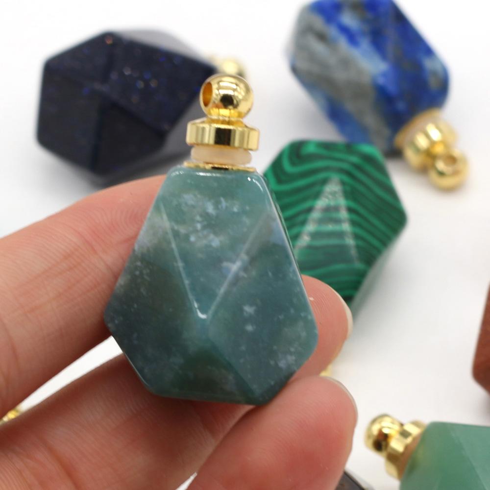 Natural Stone Perfume Bottle Pendant Polygon Semi-precious for Jewelry Making DIY Necklace Accessory