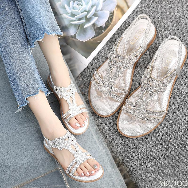 Fashion Ladies large size hollow Sandals Fashion rhinestone flats Bohemian style comfortable women's Shoes Summer casual breathable shoe