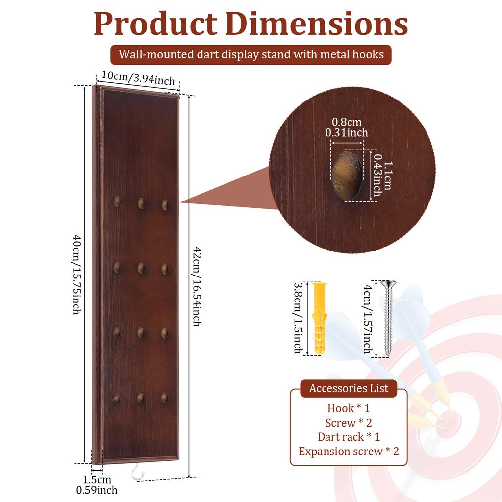 Wall Mounted Darts Stand Wooden Darts Holder Set with Metal Hook 12 Slot Large Capacity Dart Storage Stand Display Rack for Play