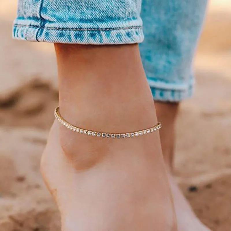 Women Gold Chain Full Rhinestone Anklet Beach Imitation Barefoot Sandal Leg Foot Jewelry