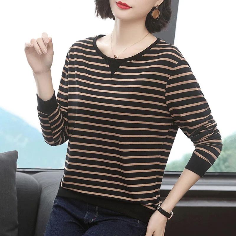 

WTEMPO женский весенний пуловер в полоску большого размера с длинными рукавами, женские свободные хлопковые повседневные топы большого размера с круглым воротником 3XL коричневый