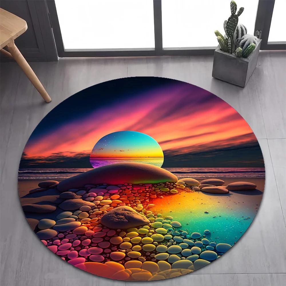 2025 New Style Colorful Pebble Rainbow Road Beach Stone Round Carpet Rug for Bedroom Living Room Decoration,pet Decor Floor Mat