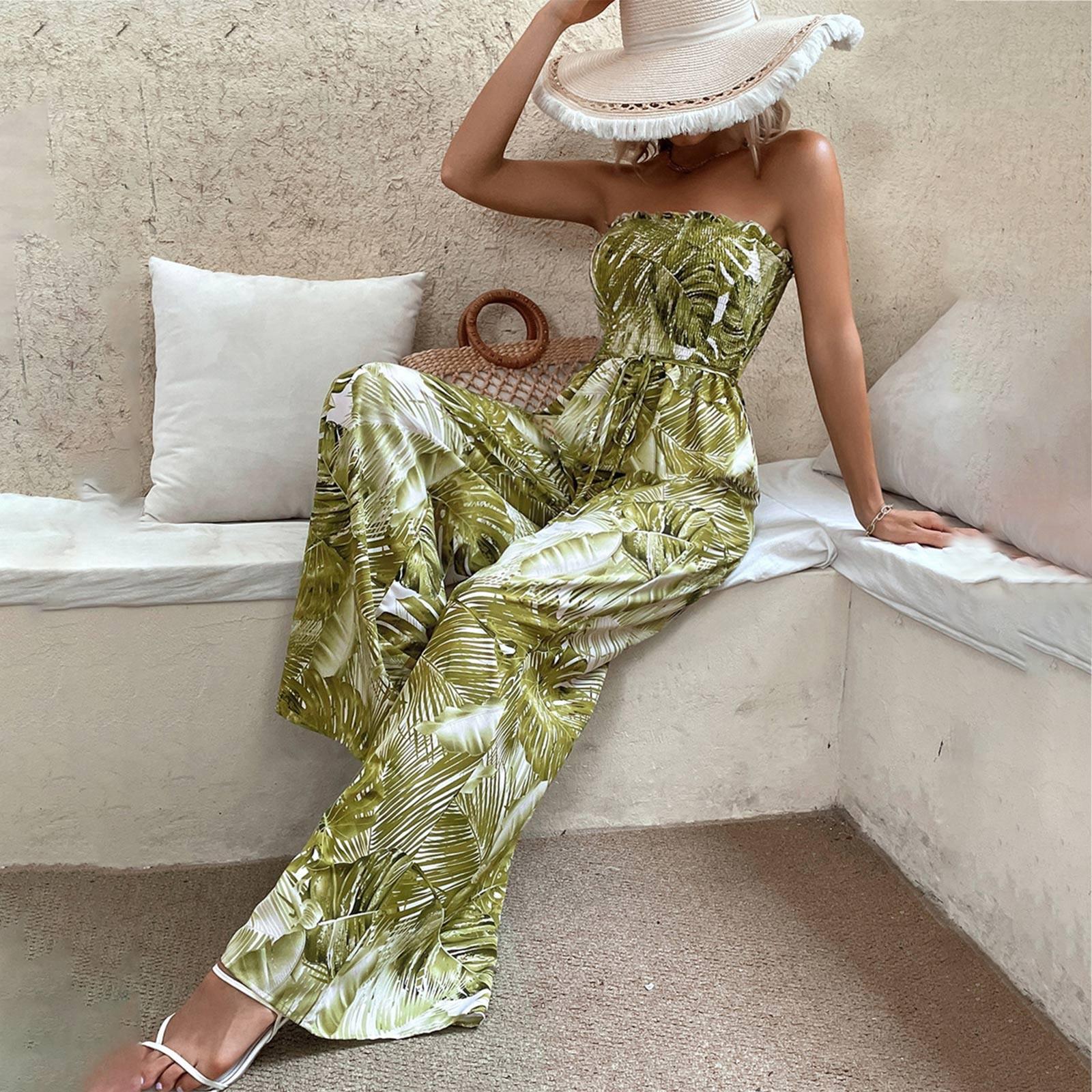 

Летние сексуальные бохо-листья принт комбинезоны женские новые без рукавов сексуальный длинный комбинезон Mujer повседневные праздничные пляжные комбинезоны M дубильная кора