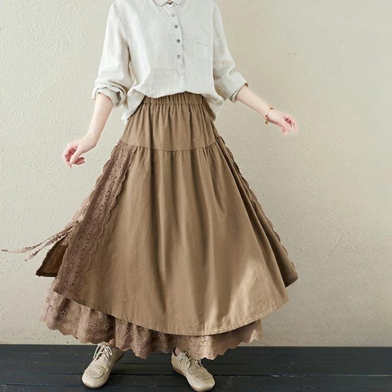 

Хлопково-льняная юбка большого размера с вышивкой, трапециевидная юбка средней длины M хаки