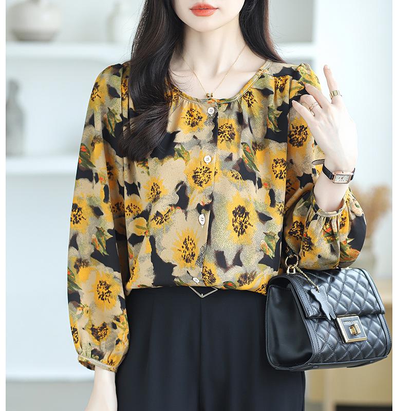 French Style Light Cooked Loose Comfortable Round Neck Bubble Sleeve Sweet Floral Shirt
