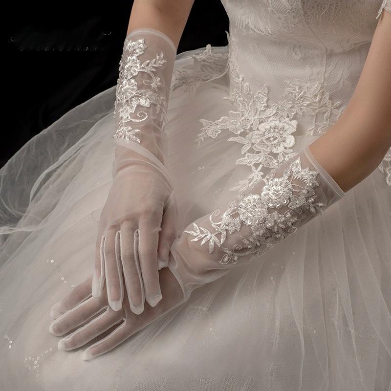 White Lace Long Beads Bridal Wedding Gloves Dress Etiquette Accessories Embroidered Tulle Gloves