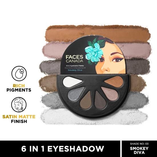 FACESCANADA 6 In 1 Eyeshadow Palette - Smokey Diva 03, 6g | Olive Butter & Macadamia Oil | Vibrant Colors | Highly Pigmented | Easily Blendable