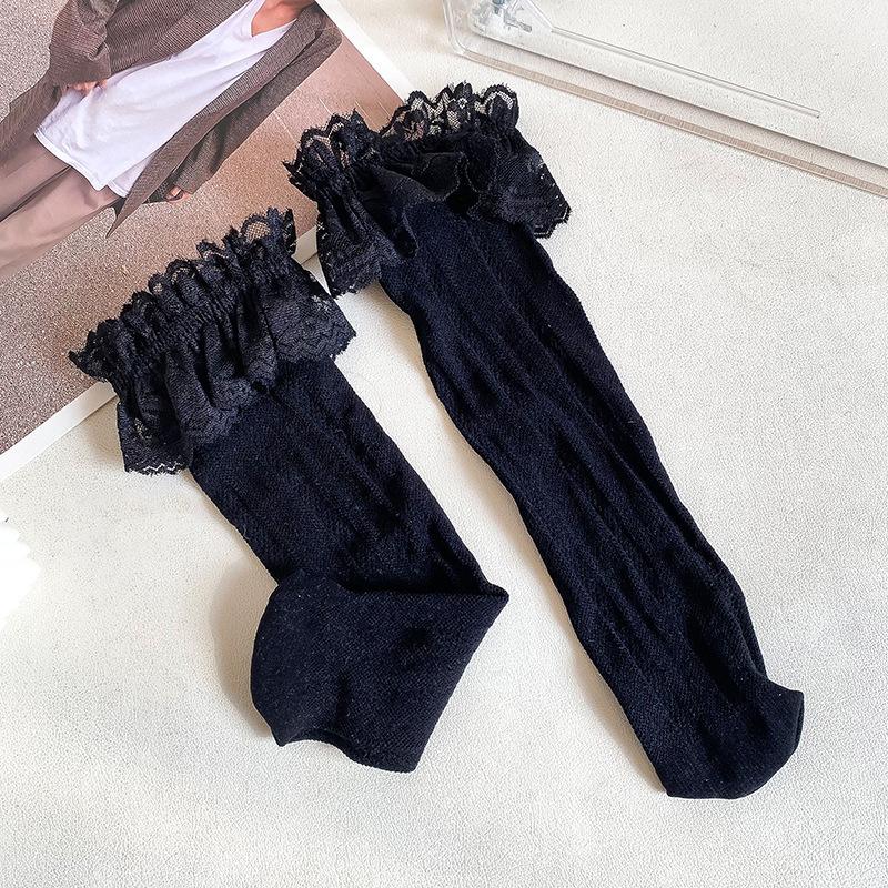Children's Socks Summer Lolita Wooden Ear Mesh Ribbon Large Bow Mid-tube Socks for Girls