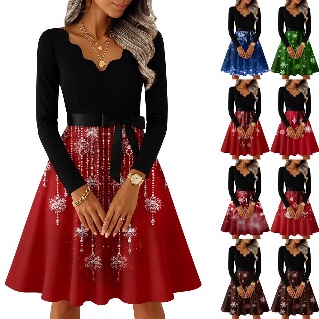 Women's Casual Fashion V-neck Long Sleeved Retro Christmas Print Retro Dress