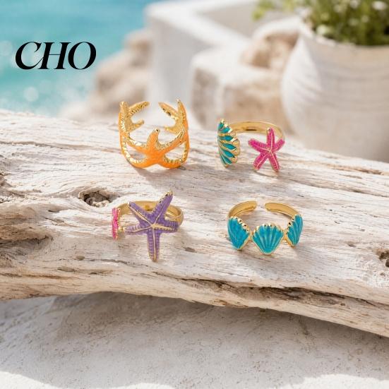 Stacking Rings 4Pcs/Set Ocean Series Ring Set, Multiple Styles Starfish Shell Design Non-fading Golden Finger Ring, Alloy Adjustable for Jewelry Gift