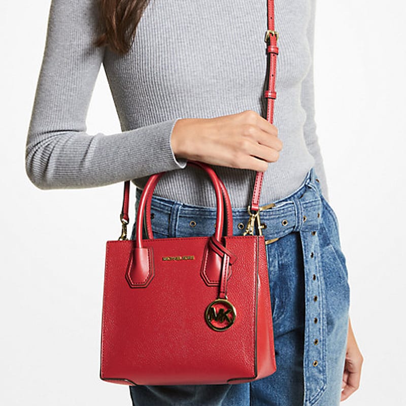 Michael Kors Mercer Litchi Grain Leather Tote Bag, Shopping Bag, Handbag, Shoulder Bag, Crossbody Bag Medium Women's 35S1GM9M2L-BRIGHT RED