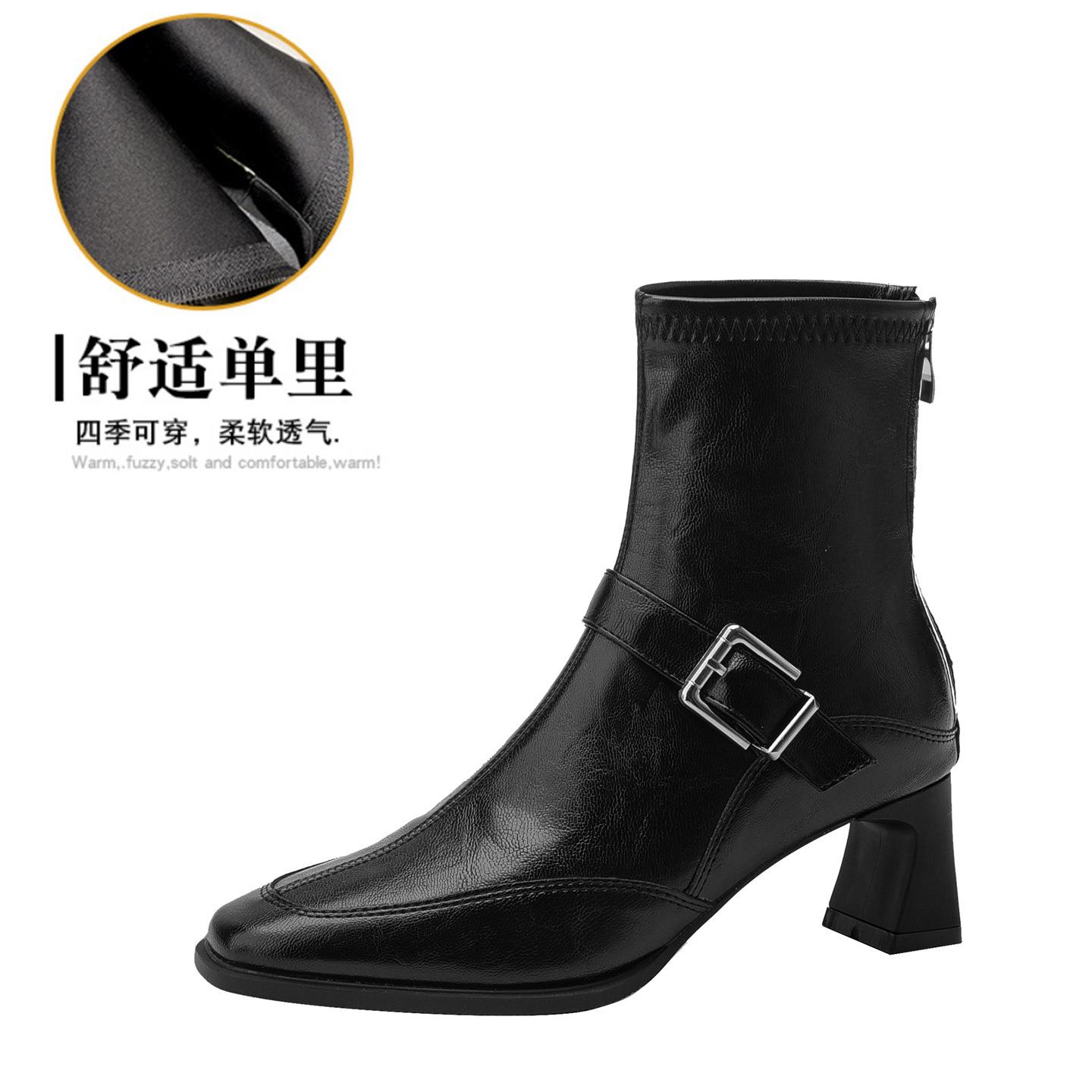 

Кожаные женские эластичные ботильоны с квадратным носком и толстым каблуком, новинка осени и зимы 2025 года, ретро ботильоны на высоком каблуке, ботинки Мартин 40 чёрный