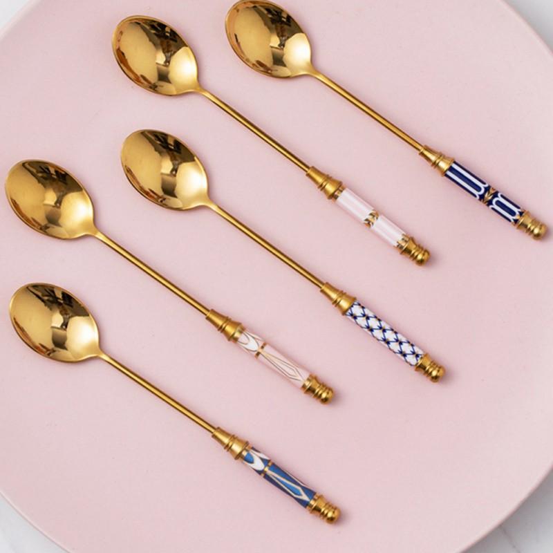 Stainless Steel Coffee Stirring Spoon Ice Cream Tea Stirring Spoons Vintage Teaspoons with Ceramics Handle Kitchen Tableware