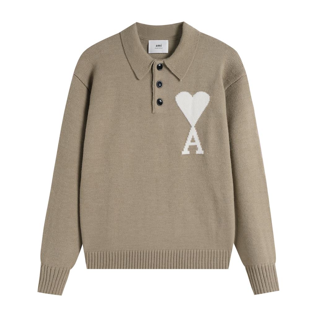 AMI New Polo Collar Knitted Sweater Jacquard Love Couple Woolen Sweater