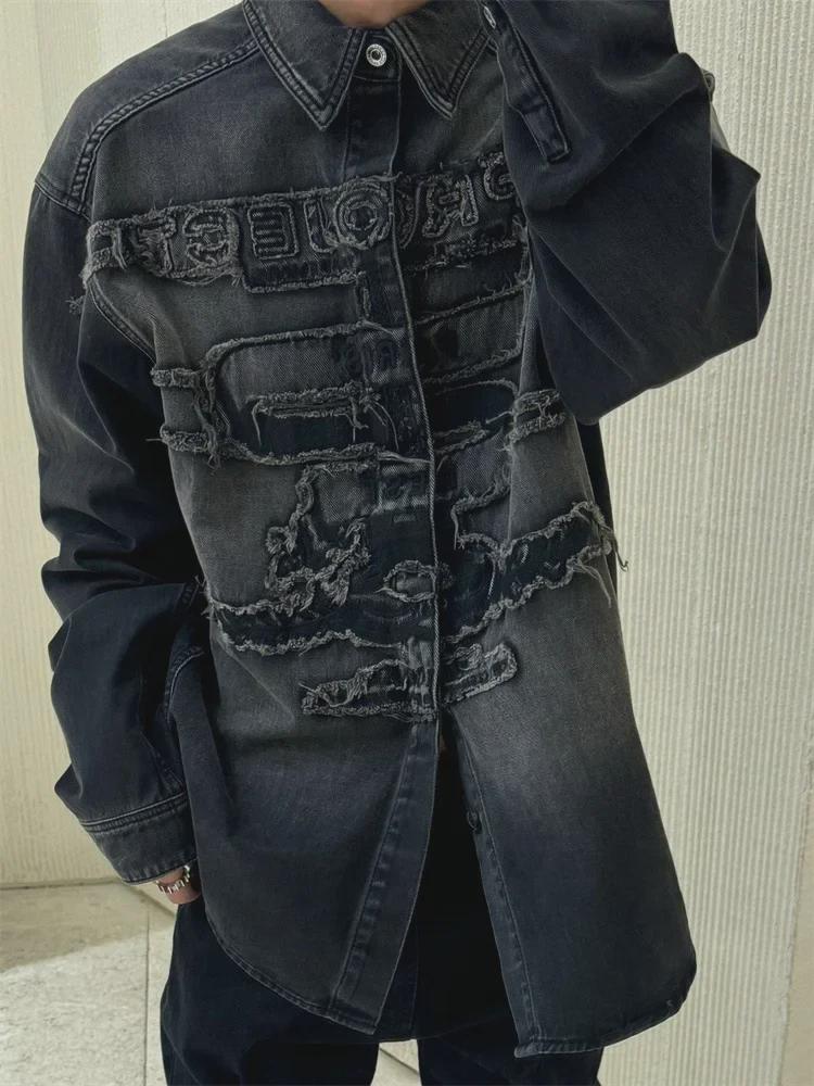 2025 New Style Distressed Embroidery Denim Jacket - Washed Long-Sleeve for Spring/Autumn