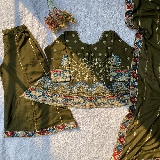 Regal Olive Green Georgette Sharara Suit with Intricate Peacock Embroidery M