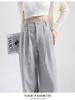 Petite High Waist Gray Drawstring Sweatpants for Women - Loose, Slimming, Wide Straight Leg, Casual Joggers