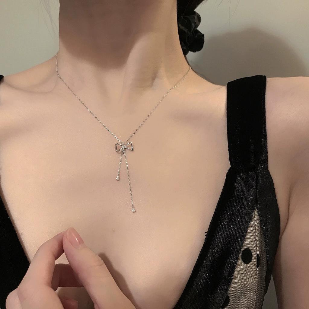 Fashion Jewelry 18K Gold Plated 925 Sterling Silver Bowknot Tassel Zircon Pendant Clavicle Chain Necklace Jewelry for Women