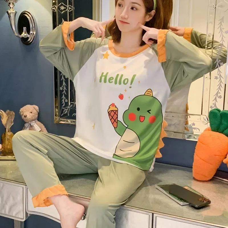 2Pcs/set Large Size Long Sleeve Long Pants Pajamas Women's Homewear Student Pajamas Young Girls Clothes Ladies Nightwear