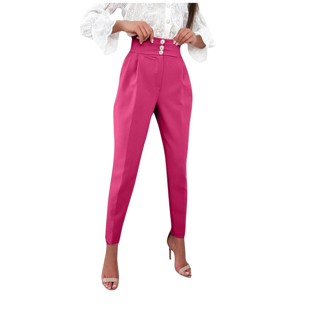 Women's Solid Color Slim Button Zipper High Waist Pocket Calf Pants