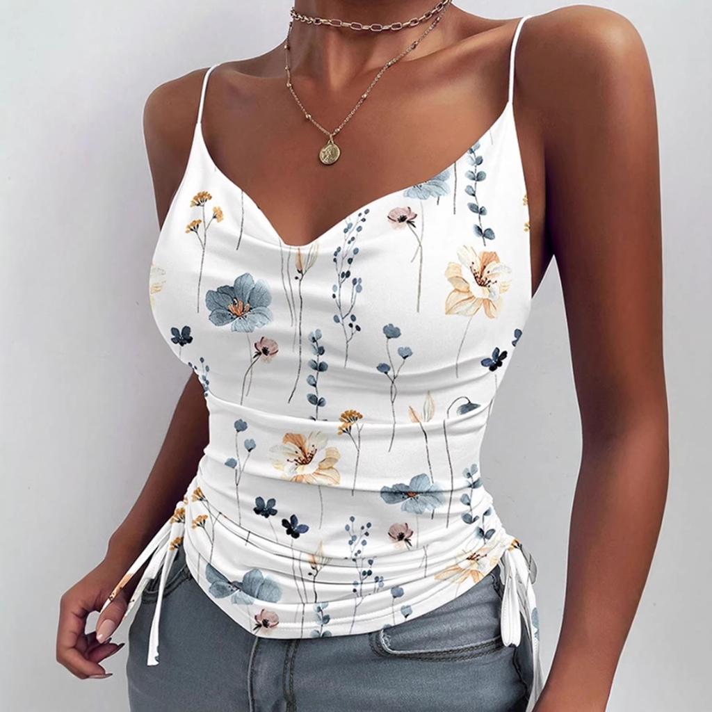 European and American women's clothing floral printing thin shoulder strap V-neck suspender drawstring pleated slim-fit short top