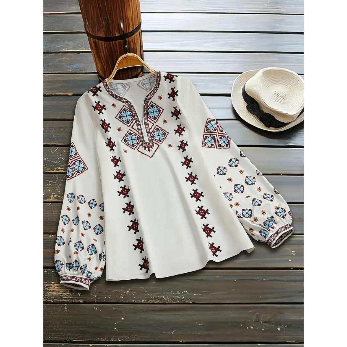 New Ethnic Style Women s Plus Size V-neck Long Sleeve Printed Blouse, Casual Fashion Shirt for Women 1XL