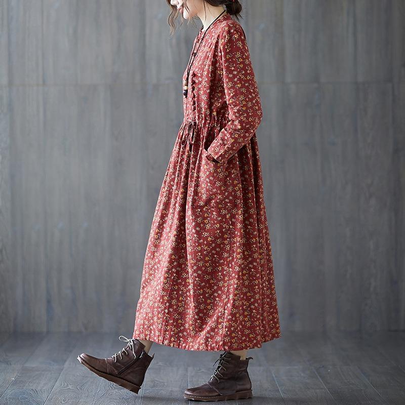 Loose Women's Floral Lace Up Cotton and Linen Dress