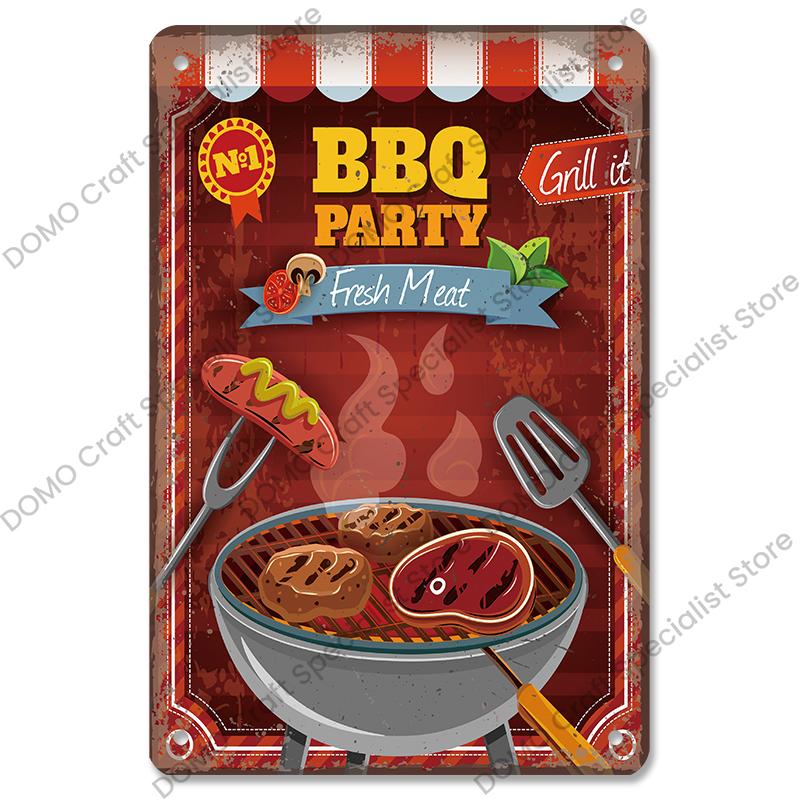 Vintage Barbecue Plaques Metal Tin Signs Grill Meat Steak Sausage Retro Metal Plate Wall Decor BBQ Party Shop Dining Room