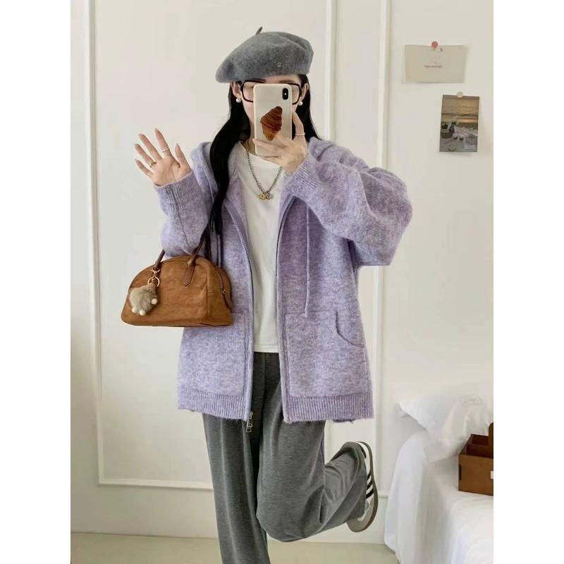 Autumn and Winter New Casual Versatile Hooded Zipper Knitted Cardigan Women's Loose Lazy Wind Thin Sweater Jacket