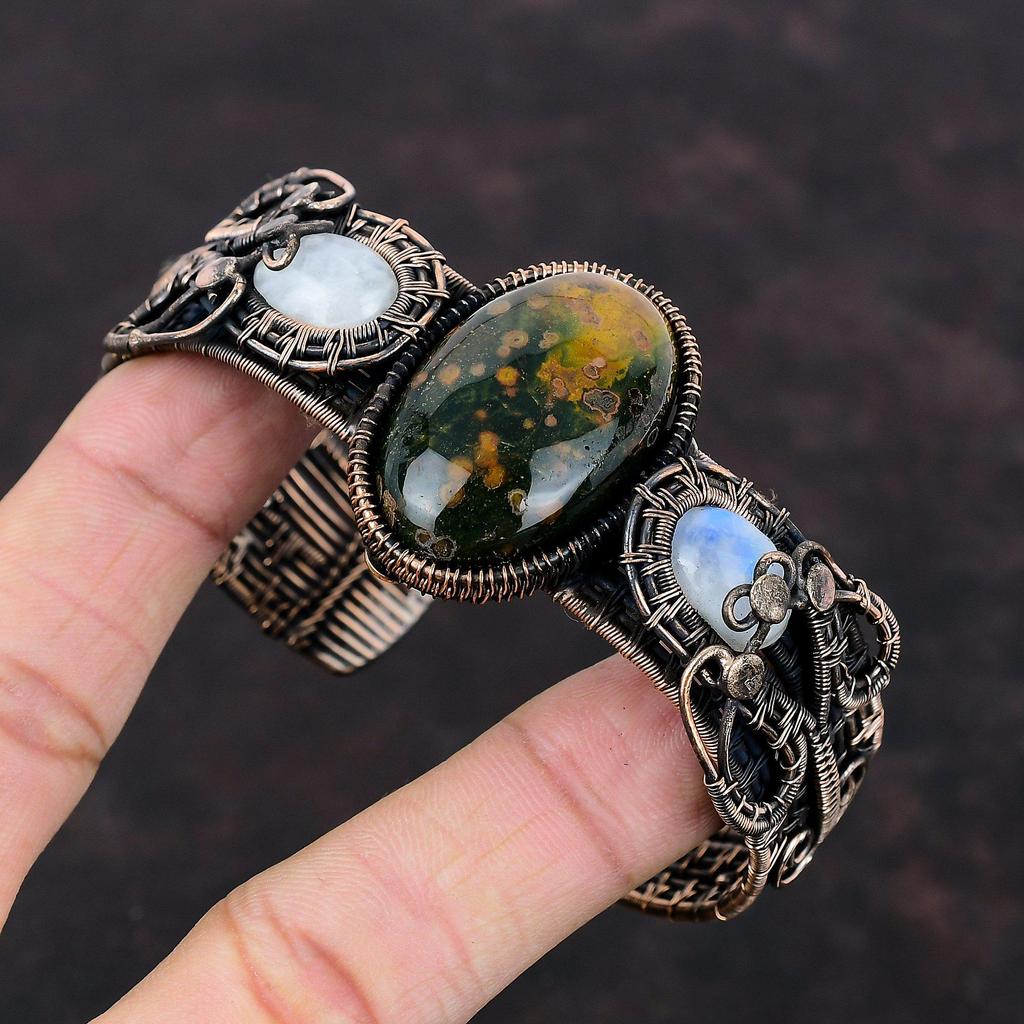 Ocean Jasper Bangle Copper Wire Wrapped Cuff Bracelet Rainbow Moonstone Bangle Handmade Jewelry Gemstone Bangle Adjustable Cuff Gift For Him
