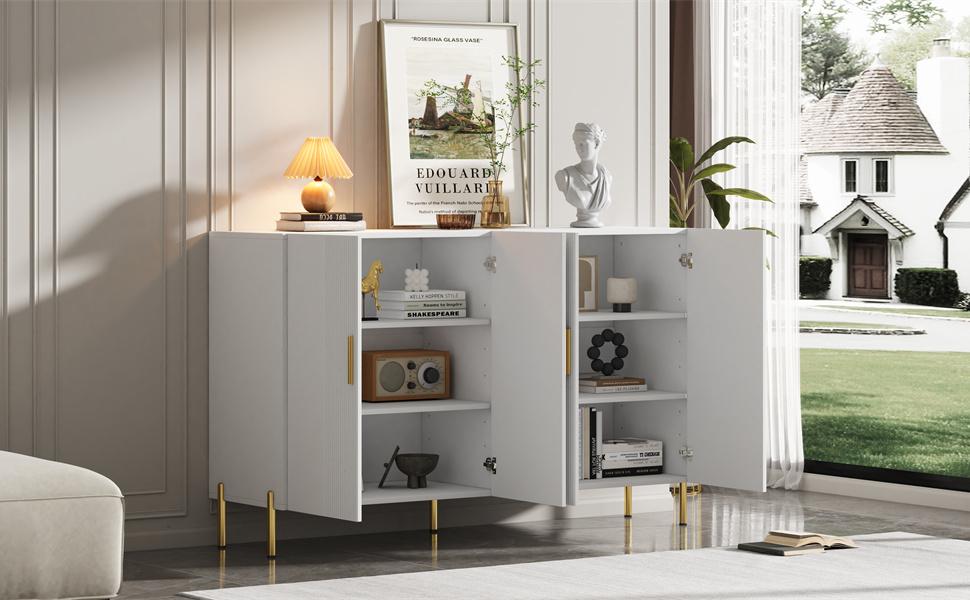 Modern Simple White Matte Multifunctional Storage Cabinet 4 Open and Closed Doors Dining Room Cabinet Gold Decoration 160*35*100cm