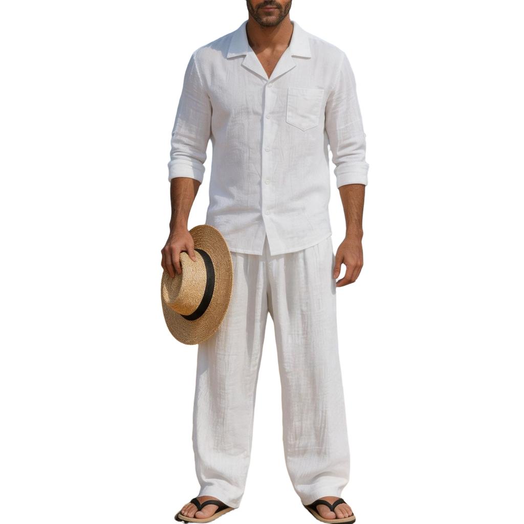 Men's Linen 2-Piece Set Long Sleeve Shirt and Pants Casual Loose Fit Breathable with Pockets