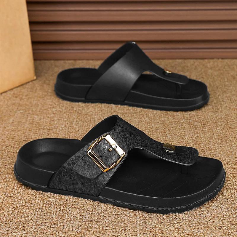 Fashion Leather Men's Sandals Summer Casual Flat Bottom Thong Slippers Beach Shoes Soft Sole Indoor Outdoor Slip-On Footwear