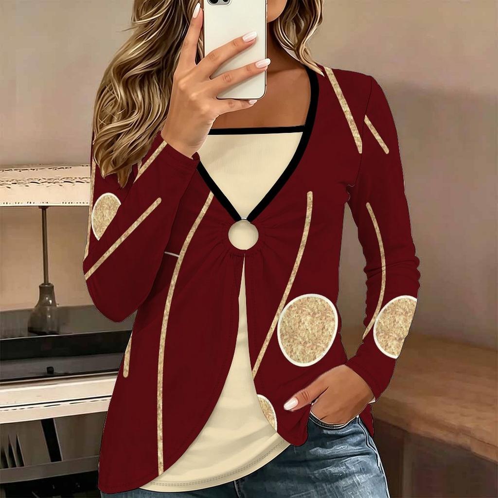 Tops for Women Geometric Pattern Long Sleeve Fake Two‑Piece Top Fall Casual Slim Pullover Women's Long Sleeve Top
