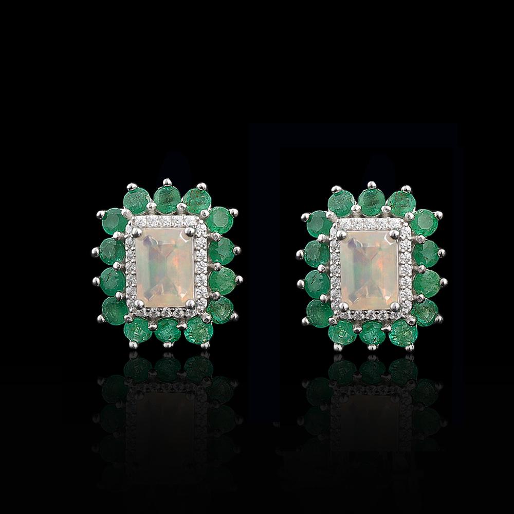 Women's Classic High-End Silver Earrings with Natural Ethiopia Opal & zambia Emerald Gemstones Fine Jewelry