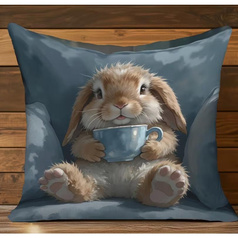 2D Single-Sided Printed Pillowcase, Blue Cup Cute Rabbit Character Pillowcase, Pillow Included Birthday Suitable For Christmas