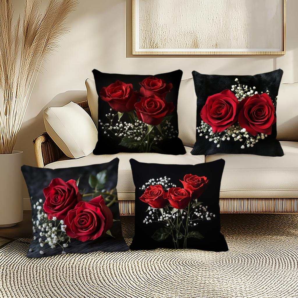 Black Pillowcase Red Roses For Living Room Bedroom Office Car Sofa Decor No Insert 18X18 Inch