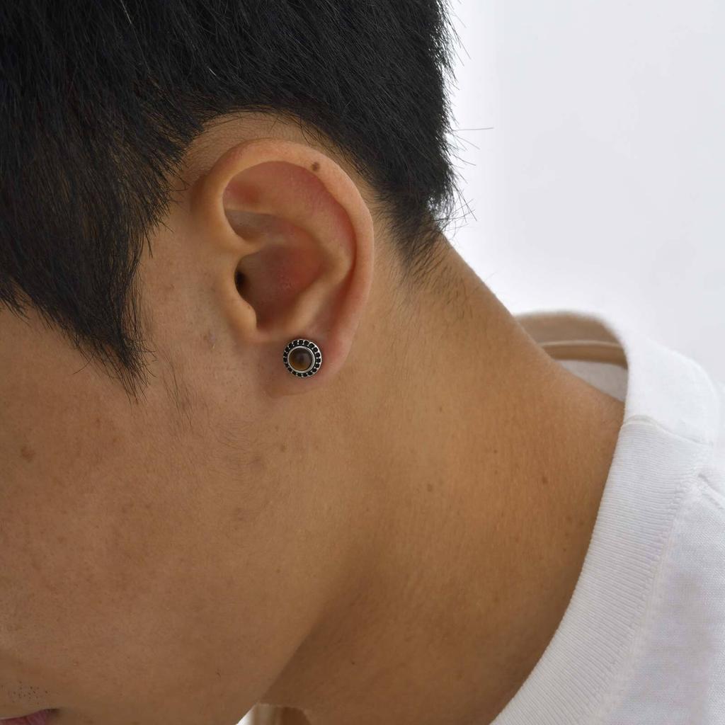 Punk Natural Stone Stud Earrings for Men Boys,Tiger Eye Stone Round Earrings,New Simple Ear Jewelry Gifts