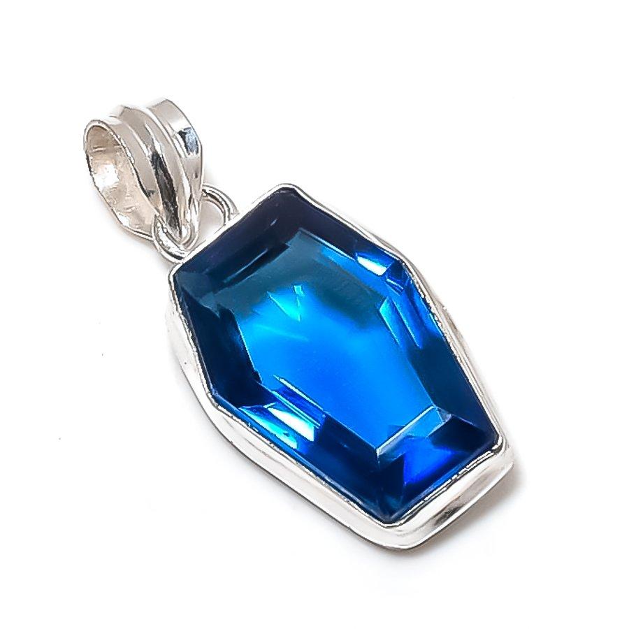Natural Blue Topaz Gemstone 925 Sterling Silver Jewelry Pendant 1.58" B4B33